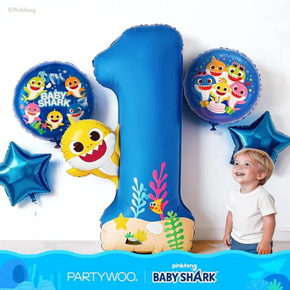 PartyWoo Baby Shark Blue Foil Round Star Mylar Number 1 Balloons 5pcs | Balloons - Image 2