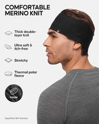 DANISH ENDURANCE Merino Wool Headband, with Thermal Inner Fleece, for Men and Women, Unisex, Black, XS/S