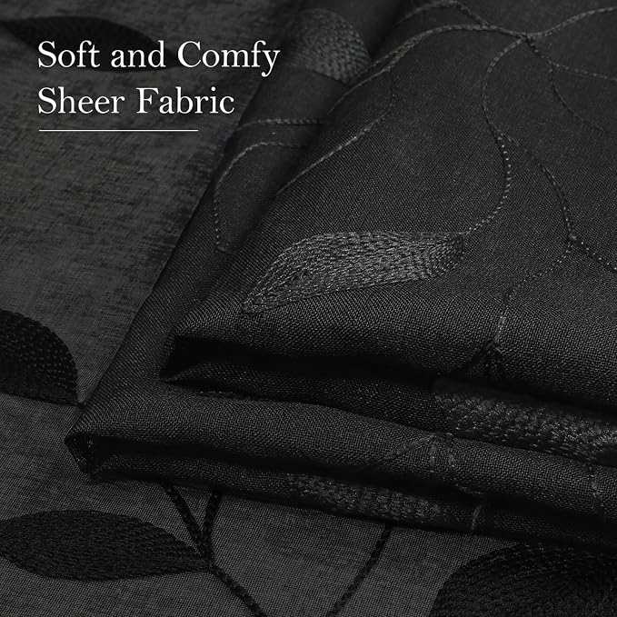 HOMEIDEAS Black Sheer Curtains 2 Panels, Embroidered Leaf Gothic, W52 x L96 | - Image 8