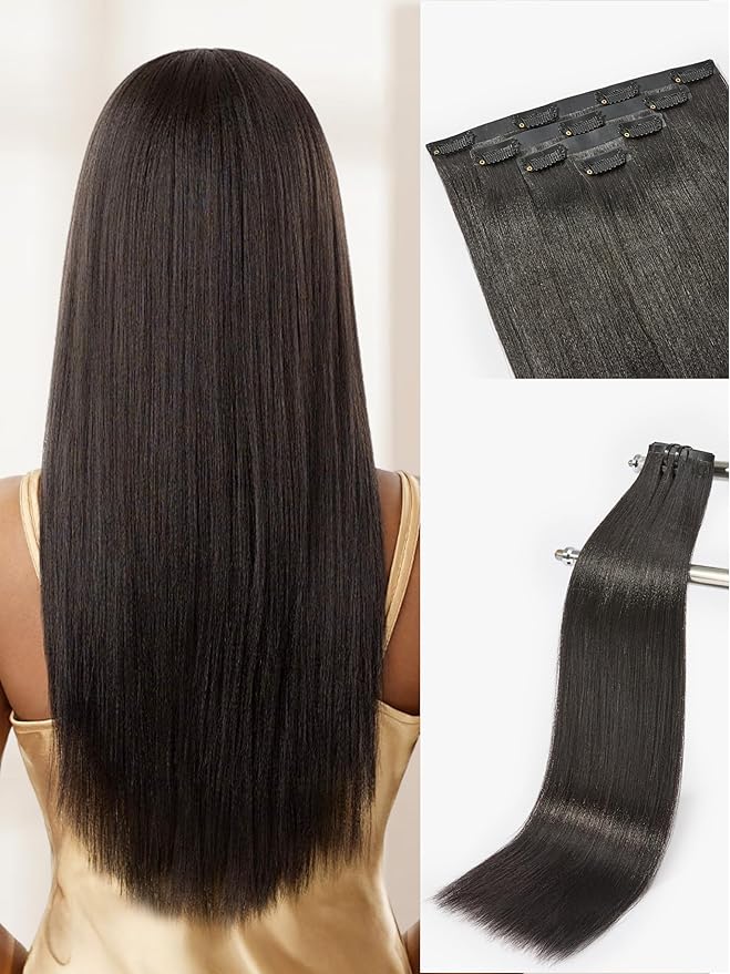 LUVME Yaki Straight Seamless 70g 4Pcs Clip in Hair Extensions Full Max with 22inch Remy Human Hair Clip ins Extensions, Natural Black 100% Real Soft Hair