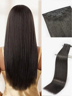 LUVME Yaki Straight Seamless 70g 4Pcs Clip in Hair Extensions Full Max with 24inch Remy Human Hair Clip ins Extensions, Natural Black 100% Real Soft Hair