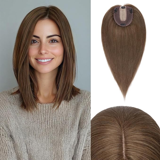 Rich Choices Hair Toppers for Women Real Human Hair 100% Human Remy Toppers NO Bangs for Women with Thinning on Top Clip in Hairpiece 4"x4.7"Lace Base 14 Inch #4R Natural Brown