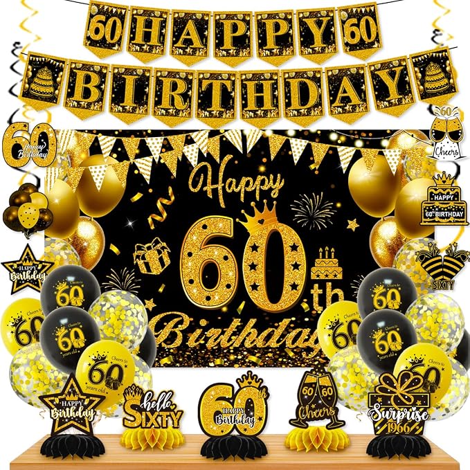 Mxdfafa 39Pcs Black Gold Glitter 60th Birthday Decorations Kit, 60th Bday Party by Mxdfafa