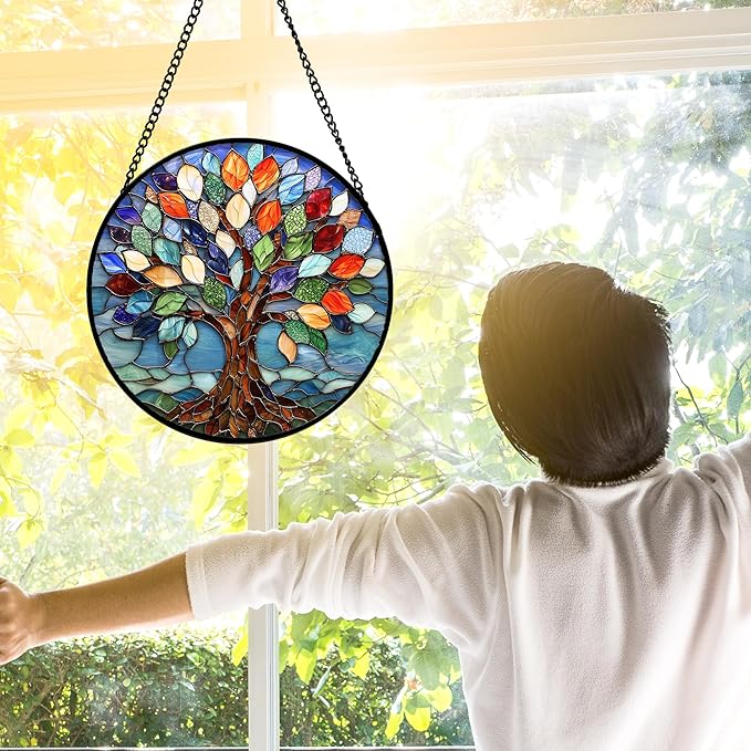DASTOLL Stained Glass Window Hanging, Colorful Tree of Life Sun Catchers Glass - Image 4