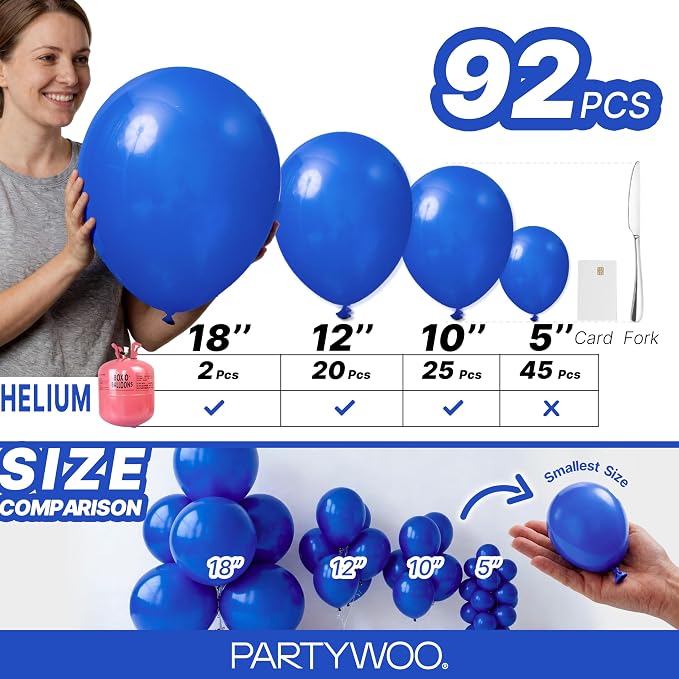PartyWoo Royal Blue Balloons 92pcs Different Sizes Pack of 18 12 10 5 Inch Dark - Image 6
