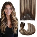 Pro2.0 Clip in Hair Extensions Real Human Hair 22inch 7pcs #4/27/4 Chocolate Brown to Caramel Blonde Remy Hair Extensions Clip in Human Hair 120g Double Weft（#4/27/4-22inch）
