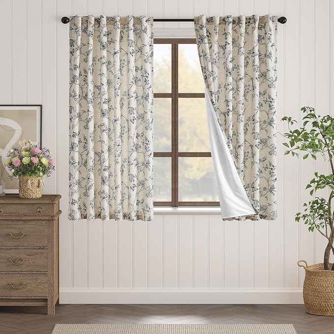 Black Floral Linen Lined Curtains Rod Pocket 50W X 63L 2 Panels | Charlotte - Image 2