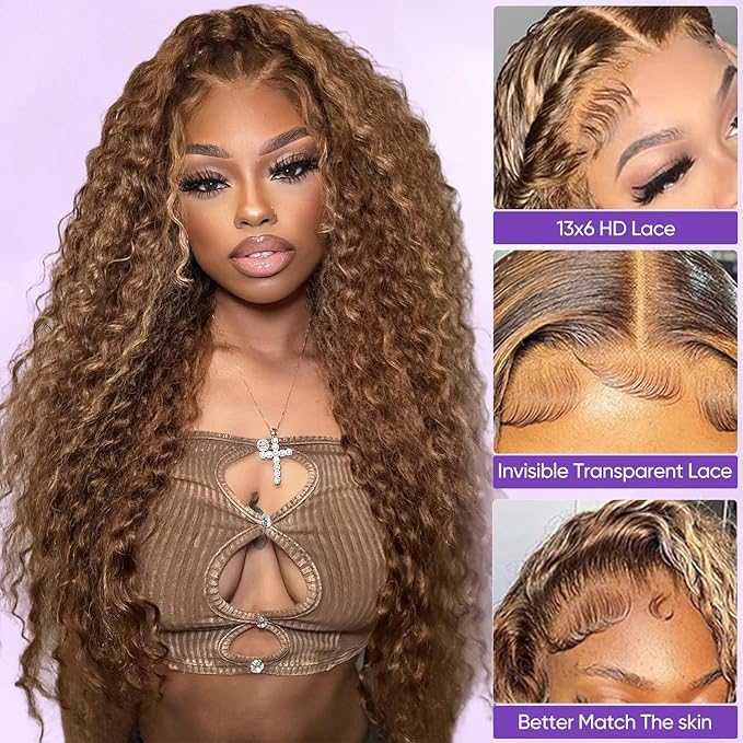 Honey Blonde Highlight Ombre Lace Front Wig Human Hair 210 Density 13x6 HD Lace Front Wigs Human Hair Deep Wave Curly Lace Frontal Wigs Pre Plucked with Baby Hair 24Inch
