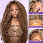 Honey Blonde Highlight Ombre Lace Front Wig Human Hair 210 Density 13x6 HD Lace Front Wigs Human Hair Deep Wave Curly Lace Frontal Wigs Pre Plucked with Baby Hair 24Inch