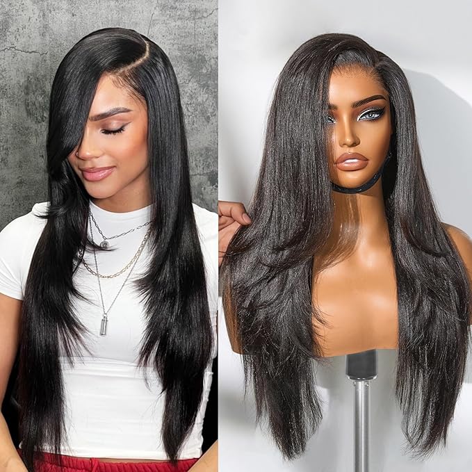 LUVME HAIR 7x6 All-Day Comfor Wig PartingMax Lace Wigs 200% Density Yaki Straight Lace Front Wigs Human Hair Pre Cut Plucked Lace Frontal Glueless 24 Inches Natural Black Color
