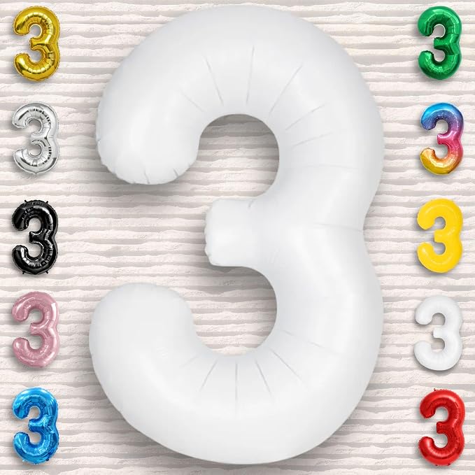 White Number Balloon 3 Mylar Foil Balloons 32 inch - Image 6