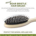 Natural Boar Bristle Hair Brush for Women, Men, Kids; Dry and Wet Detangling Hair Brush Gently Enhances Shine, Smooths Frizz and Prevents Breakage in Fine and Straight, Thick and Curly Hair (oval)