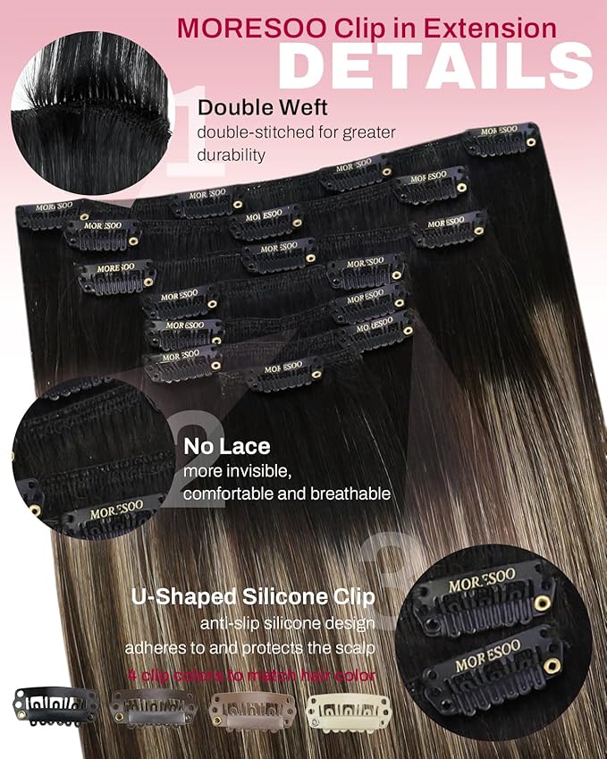 Moresoo Ombre Clip in Hair Extensions Black to Dark Brown with Dark Blonde Extensions Clip in Human Hair Double Weft Balayage Natural Black to Blonde with Brown for Women Long 120g/7pcs 18 inch