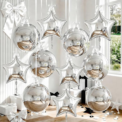 9 Pcs Silver Round Foil Balloons and Star Balloons 22/18 4D Ball Balloon by Froova