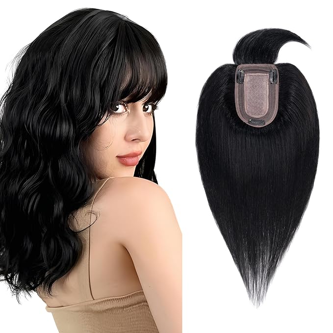 SEGO Hair Toppers for Women Real Human Hair with Thinning Hair, Toppers Hair Pieces Clip in Toppers Straight Hair Pieces with Front Bangs 150% Density Silk Base -8 Inch #1 Jet Black