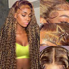 Ombre Honey Blonde Lace Front Wig Human Hair 200 Density Deep Wave 13x6 HD Lace Front Wigs Human Hair Wig Glueless P4/27 Highlight Wig for Women Pre Plucked with Natural Hairline (34 Inch)