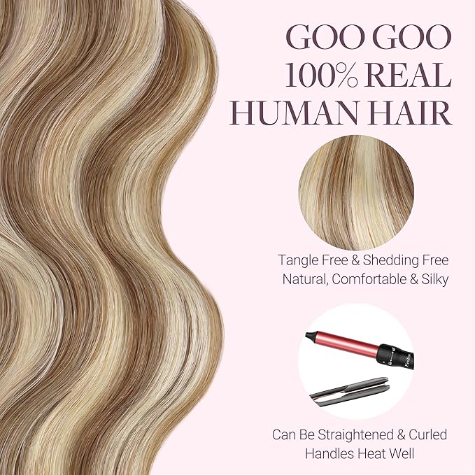 GOO GOO Tape in Hair Extensions Human Hair, 8B/60B Golden Blonde Highlights, 20inch 50g 20pcs, Skin Weft Seamless Invisible, Silky Straight with Thick Ends, Remy Human Hair