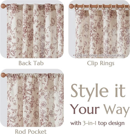 jinchan Red Floral Linen Curtains 90 Inch Vintage Back Tab 2 Panels | Light - Image 3