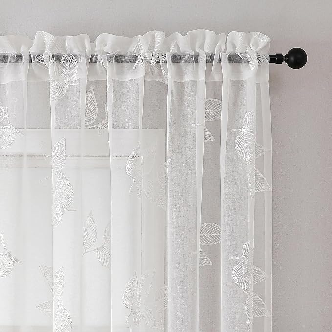 White Sheer Curtains Leaf Embroidered 63 Inches Long 2 Panels | Light Filtering - Image 3