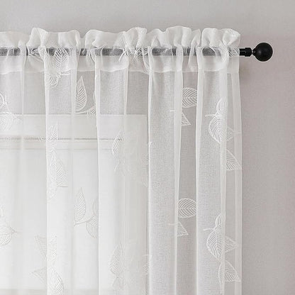 White Sheer Curtains Leaf Embroidered 63 Inches Long 2 Panels | Light Filtering - Image 3