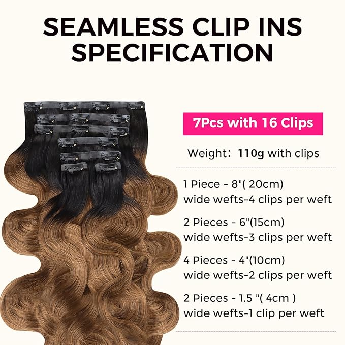 Lashey Clip in Hair Extensions Ombre Natural Black to Medium Auburn Seamless Clip in Hair Extensions Human Hair 110g 7pcs 14 Inch Body Wave Remy Human Hair Extension for Black Women