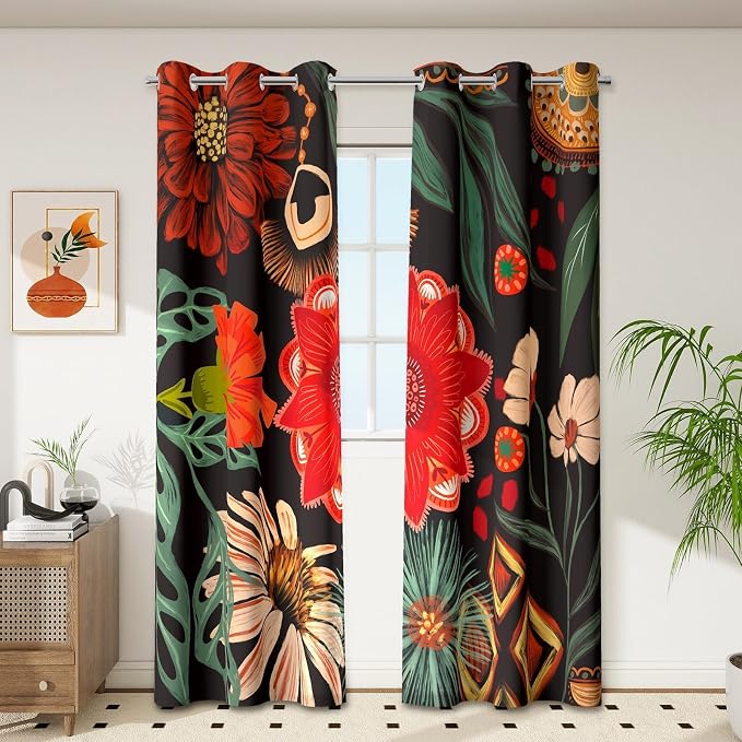 Tyrot Black Boho Floral 100% Blackout Curtains by TyrotHomeDecor