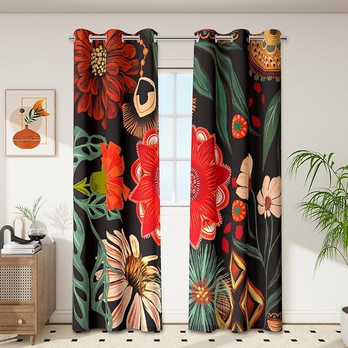 Tyrot Black Boho Floral 100% Blackout Curtains by TyrotHomeDecor
