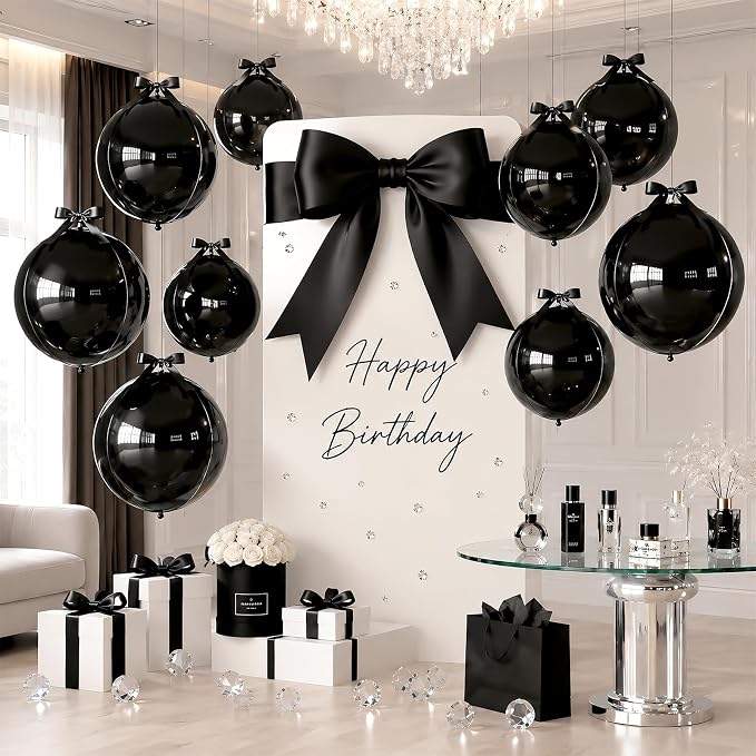 Black Round Foil Balloons with Satin Bows Ribbon - Image 5