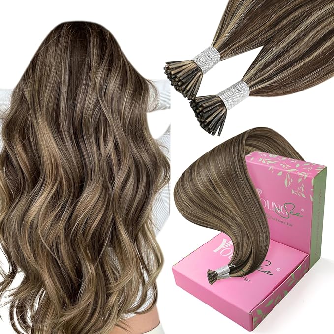 YoungSee I Tips Hair Extensions Real Human Hair Highlight I Tip Hair Extensions Dark Brown Highlighted Blonde Itips Hair Extension Remy for Office 22 Inch 50g 50s
