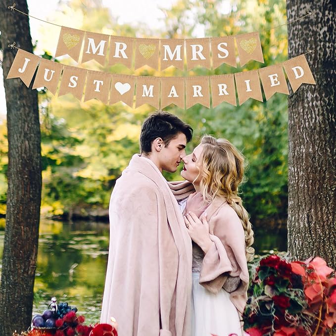 Blulu 2 Pcs Just Married Banner Burlap Wedding Mr and Mrs, Vintage Pre - Image 6
