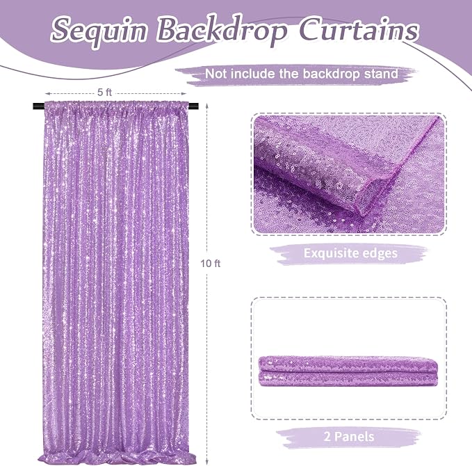 Wedding Sequin Backdrop Lavender 2 Pcs 5FTx10FT Glitter Curtain Backdrop Arch - Image 3