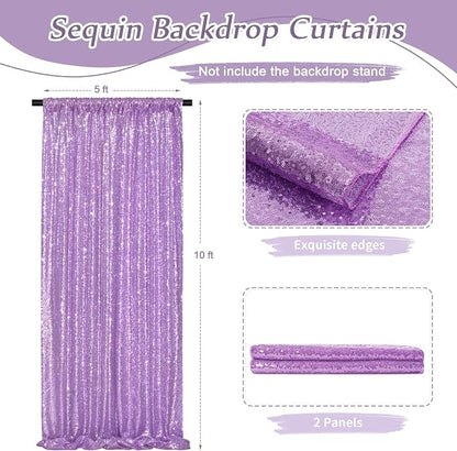 Wedding Sequin Backdrop Lavender 2 Pcs 5FTx10FT Glitter Curtain Backdrop Arch - Image 3