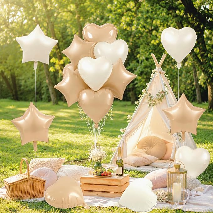 TONIFUL 18 Inch Cream Caramel Star and Heart Foil Balloons - Image 3
