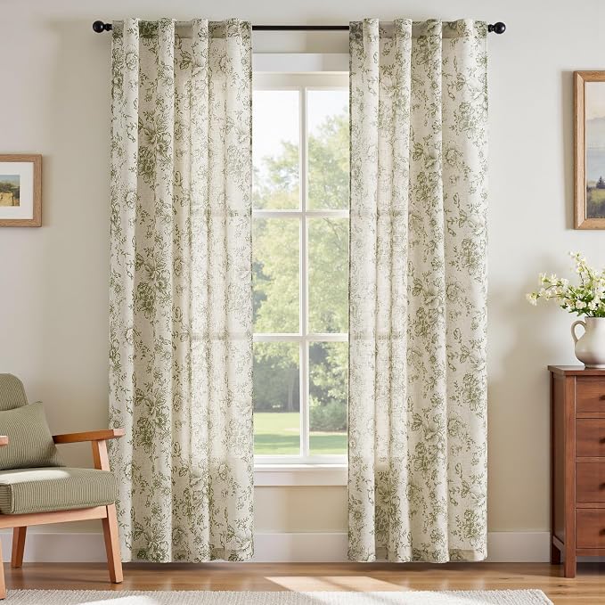 jinchan Green Floral Linen Curtains 84 Inch Farmhouse Back Tab 2 Panels | Light by JINCHAN