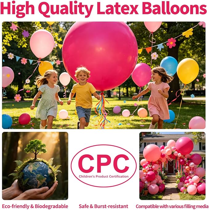 5Pcs Hot Pink Big Balloons 36 Inch, Round Large Latex Party Balloons - Image 3