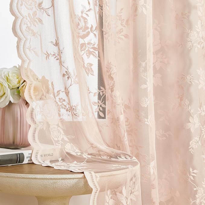 SEEKRIGHT Pink Lace Curtains 45 Inch Length Victorian Floral Sheer Curtains by SEEKRIGHTHomeDecor