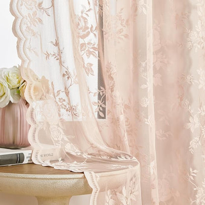 SEEKRIGHT Pink Lace Curtains 45 Inch Length Victorian Floral Sheer Curtains by SEEKRIGHTHomeDecor