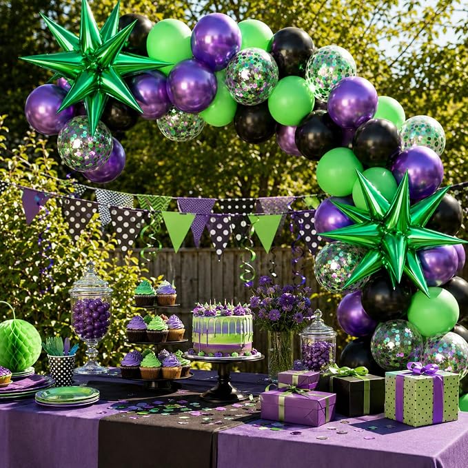 Purple and Green Balloons, 12 Inch Metallic Purple Black Green and Confentti - Image 6