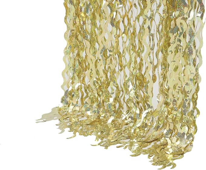 4 Pack Wavy Sparkle Champagne Gold Metallic Tinsel Foil Fringe Curtains Photo - Image 8