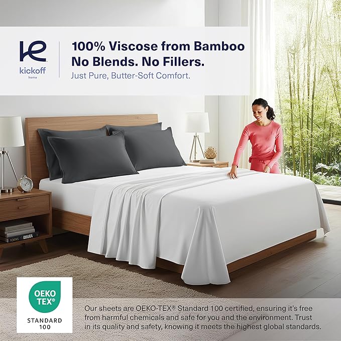 Kickoff Viscose Bamboo Pillowcase, Standard, Set of 2, 100% Organic Hidden Zippered Viscose Bamboo Pillow Case Standard Size, Cooling Pillow Cover for Hot Sleepers (20"x26" Pewter)