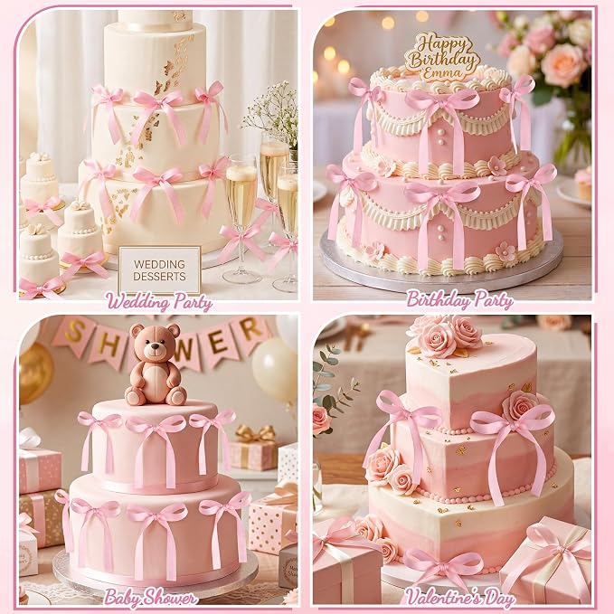 Pink Bows for Cake Ribbon Bow Cake Topper Pink Bow Cupcake Toppers | 30 PCS Bow - Image 5