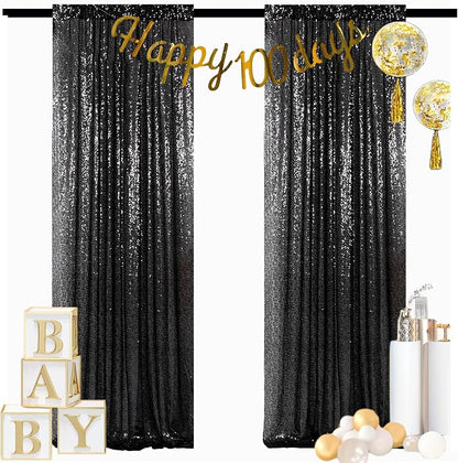 ShinyBeauty Black Sequin Curtains 2 Panels 14FTx7FT | Shimmer Photo Backdrops - Image 2