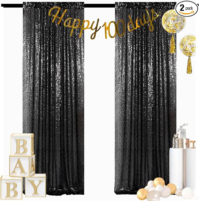 ShinyBeauty Black Backdrops 2 Pieces Sequin Curtains 4FTx7FT Photoshoot by ShinyBeauty
