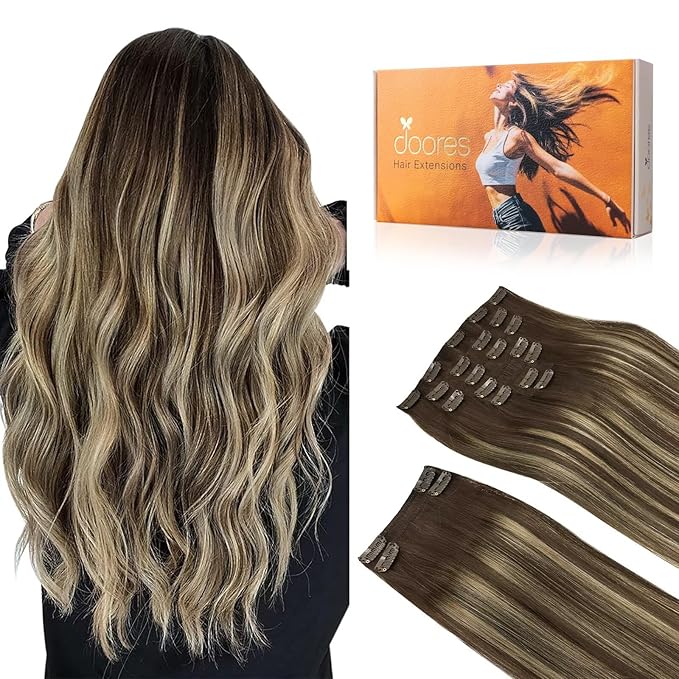 DOORES Clip in Hair Extensions Human Hair, Balayage Chocolate Brown to Honey Blonde 150g 9pcs 16 Inch, Real Human Hair Extensions Straight Balayage Clip in Extensions Thick Hair