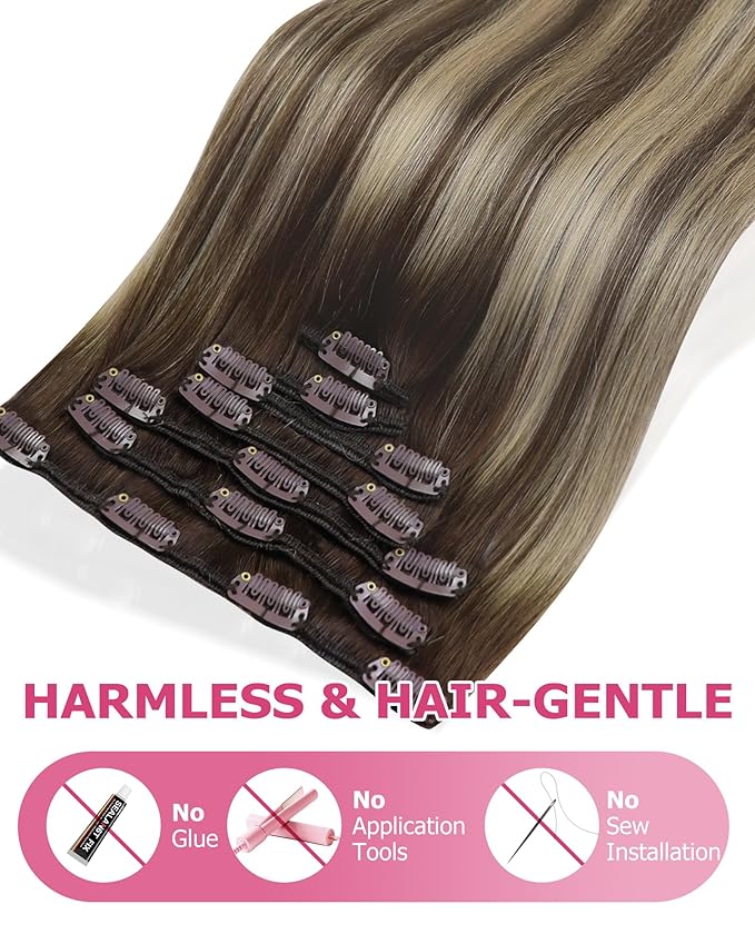 YoungSee Clip in Hair Extensions Human Hair Brown Balayage Hair Extensions Clip ins Chocolate Brown with Ash Blonde Balayage Real Hair Extension Clip ins for Women Soft and Smooth 14Inch 120G 7Pcs