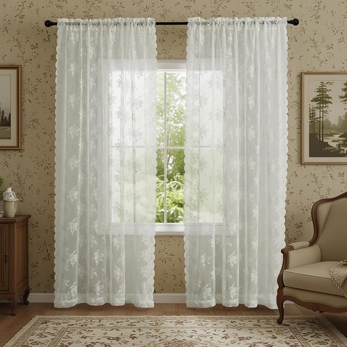 Kotile Ivory Lace Curtains for Living Room Vintage 52 x 96 Inch, 2 Panels | Rod - Image 6