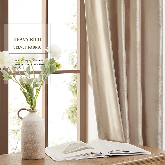 Luxury Beige Champagne Velvet 102 inch Curtains 2 Panels, Floor to Ceiling | - Image 6