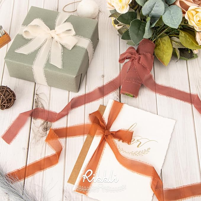 Ribbli Fall Chiffon Silk Ribbon 1Inch x 24 Yard Champagne/Terracotta/Rust Red - Image 4