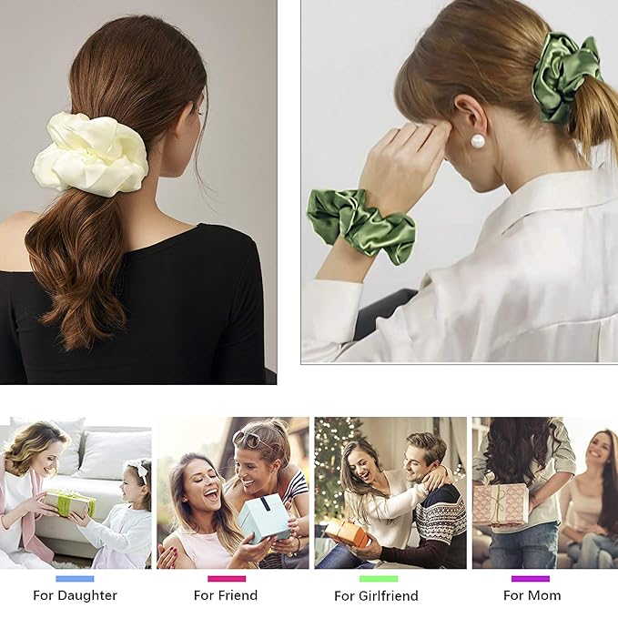 Scrunchies Hair Ties for Women - Big Silk Satin Scrunchie Exra Large Jumbo Gaint Oversized Cute Chiffon Scrunchy for Curl Thick Hair Green Ligas Para el Cabello De Mujer Decorations Gift for Girls