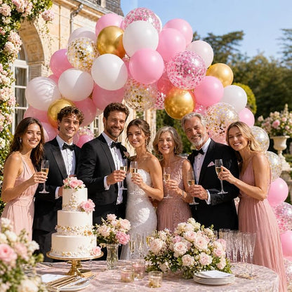 Balloons Pink Gold Confetti, 60 Packs 12 Inch Pink White Metallic Gold Balloon - Image 5